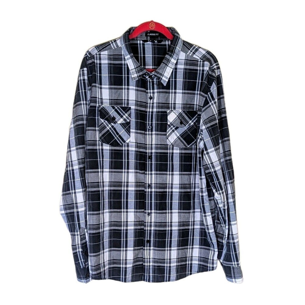 Carbon Men's Button Up Shirt Large Black Plaid Grey/White Long Roll Tab Sleeves